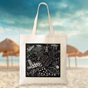 Bolso De Tela Patrón De Pescado Blanco Y Negro Arte Moderno
