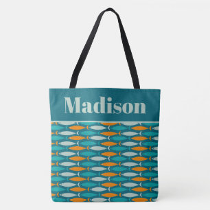 Bolso De Tela Patrón de pescado retro Turquesa Costera Personali