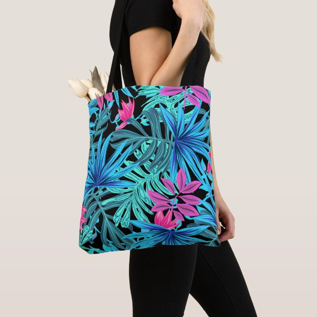 Bolso De Tela Patrón de planta tropical neón rosa y azul (Detalle)