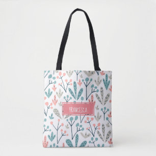 Bolso De Tela Patrón de plantas Escandinavas Cute Rosa Azul