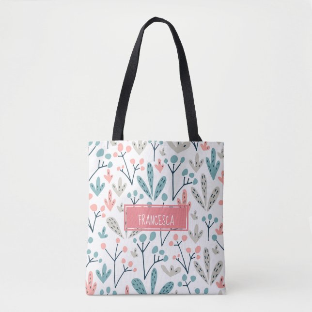 Bolso De Tela Patrón de plantas Escandinavas Cute Rosa Azul (Anverso)
