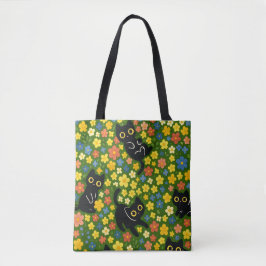 Bolso De Tela Patrón de prado floral con gatos negros lindos