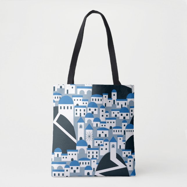 Bolso De Tela Patrón de pueblo Santorini en blanco y azul (Anverso)