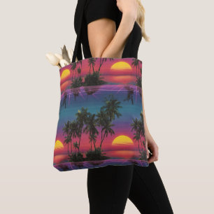 Bolso De Tela Patrón de puesta de sol de palmera Retro Synthwave