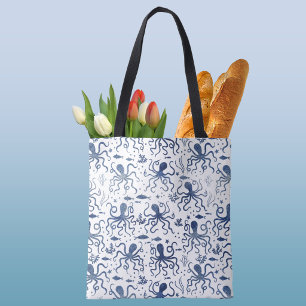 Bolso De Tela Patrón de pulpo submarino acuarela azul costero