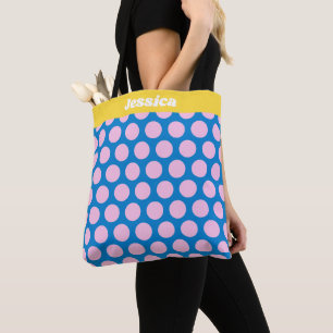 Bolso De Tela Patrón de puntos de polka grande azul y rosa perso