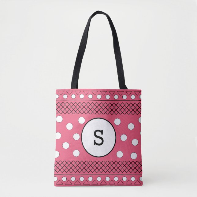 Bolso De Tela Patrón de puntos de polka monograma rosa (Anverso)