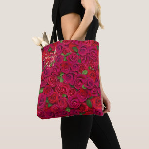 Bolso De Tela Patrón de Rosa Rojo Intenso Te Amo con Nombre Pers