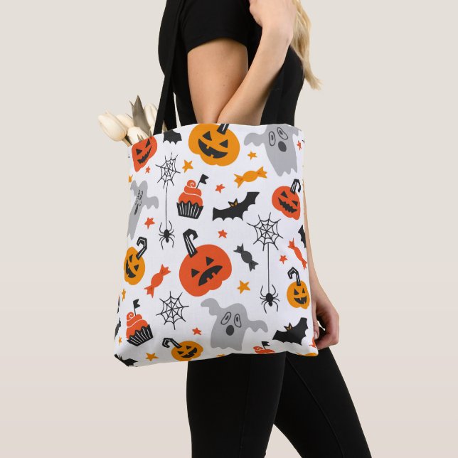 Bolso De Tela Patrón de símbolos de Halloween en blanco (Detalle)