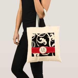 Bolso De Tela Patrón de Swirls, Negro y Blanco, Monograma
