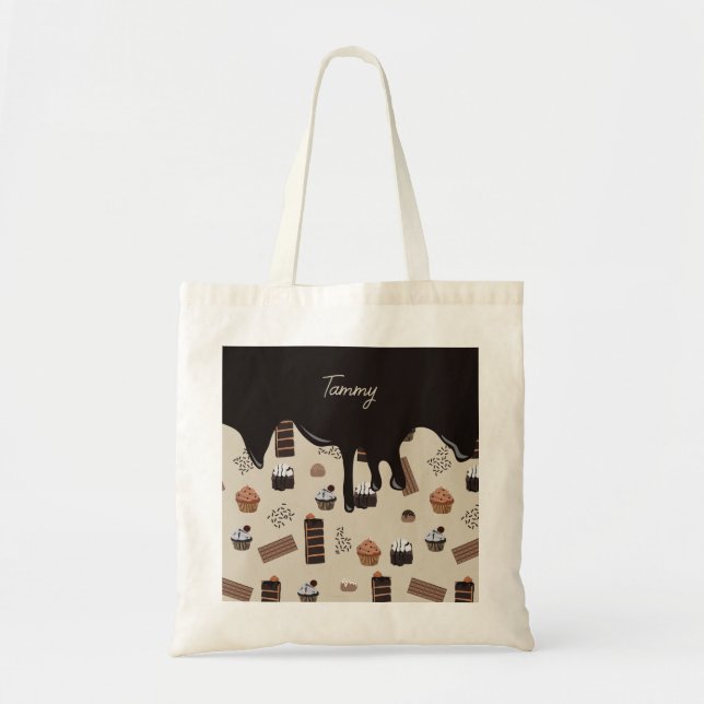 Bolso De Tela Patrón de tema de chocolate con nombre personaliza (Frente)