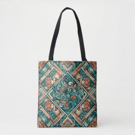 Bolso De Tela Patrón de terracota y azul teal inspirado en aztec
