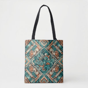 Bolso De Tela Patrón de terracota y azul teal inspirado en aztec