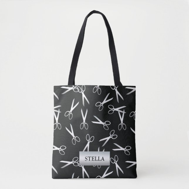 Bolso De Tela Patrón de tijeras plateadas | Nombre personalizado (Anverso)