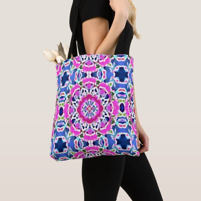 Bolso De Tela Patrón de tinte de tinta Mandala denim azul y rosa (Detalle)