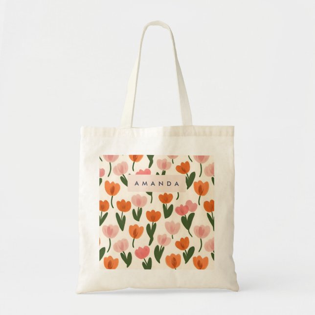 Bolso De Tela Patrón de tulipán de manantial cúbico personalizad (Frente)