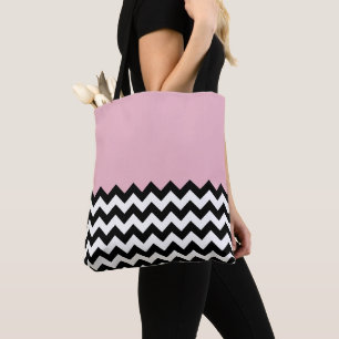Bolso De Tela Patrón de zigzag negro y blanco, chevron, rosa