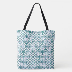 Bolso De Tela Patrón Étnico Verde Azul Claro sobre Blanco, Flore