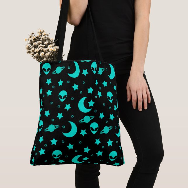 Bolso De Tela Patrón extraño turquesa con estrellas y lunas (Detalle)