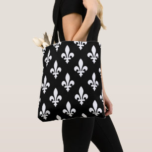 Bolso De Tela Patrón Fleur de Lis, francés real, blanco sobre ne