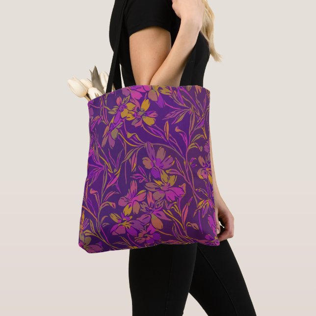 Bolso De Tela Patrón floral audaz botánico en morado oscuro (Detalle)