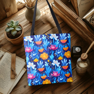 Bolso De Tela Patrón floral azul atrevido – Botánica divertida