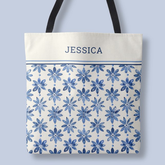 Bolso De Tela Patrón floral azul moderno Elegante Nombre elegant (Modern Blue Floral Pattern Elegant Stylish Name Tote Bag)