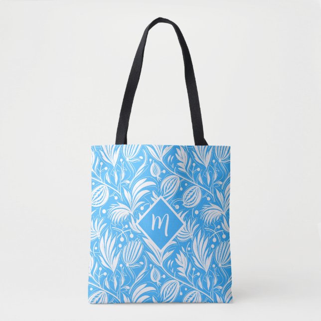 Bolso De Tela Patrón floral azul tropical con monograma de diama (Anverso)