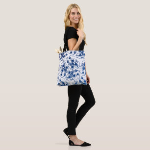 Bolso De Tela Patrón floral azul y blanco ilustrado batik