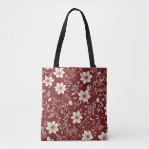 Bolso De Tela Patrón floral botánico de cottage rojo vintage