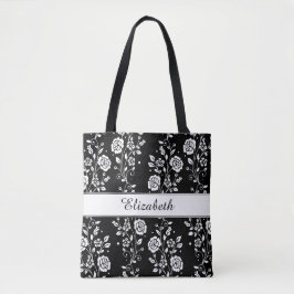 Bolso De Tela Patrón floral botánico en blanco y negro