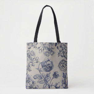 Bolso De Tela Patrón Floral Botánico Toile Azul Vintage