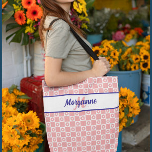 Bolso De Tela Patrón Floral de Cuadro Rosa Monograma Personaliza