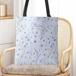 Bolso De Tela Patrón Floral de Flor Silvestre Bonita Morada Azul