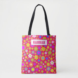 Bolso De Tela Patrón floral de flores de color retro rosa de col