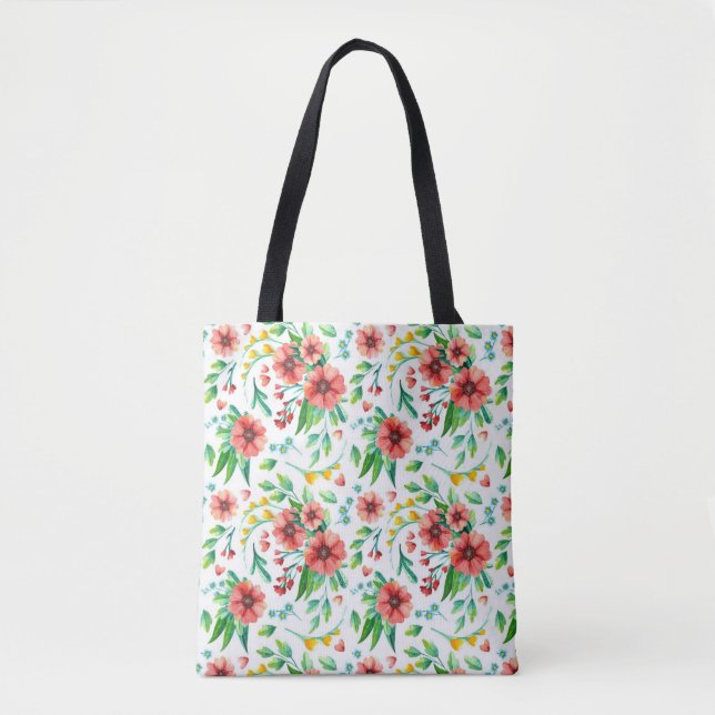 Bolso De Tela Patrón floral de flores rosadas pintadas a mano-23 (Anverso)
