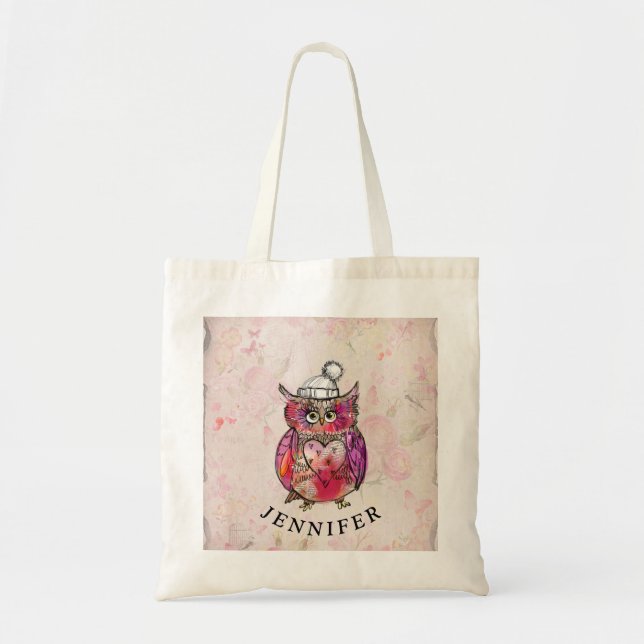 Bolso De Tela Patrón floral de lechuza cutáneo (Frente)