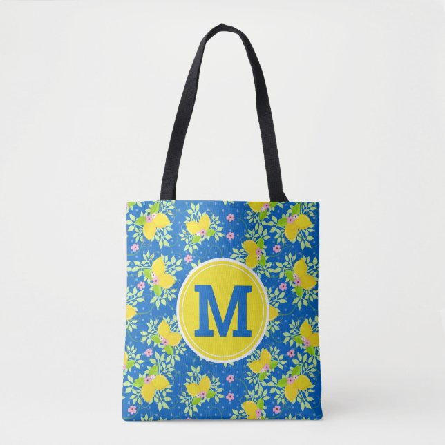 Bolso De Tela Patrón floral de lémones amarillos y azules de ver (Anverso)