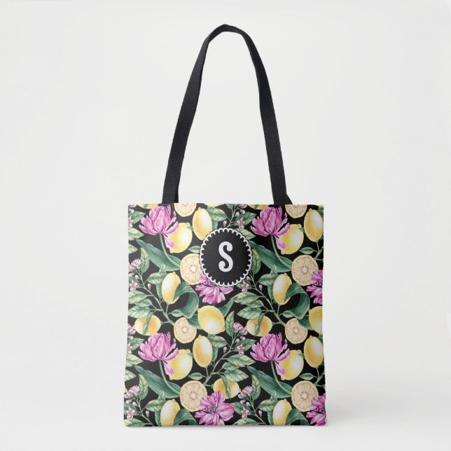 Bolso De Tela Patrón floral de lemones y tulipanes | Monograma d (Anverso)