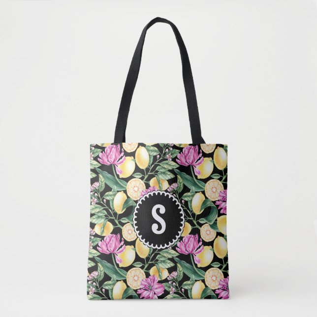 Bolso De Tela Patrón floral de lemones y tulipanes | Monograma d (Anverso)