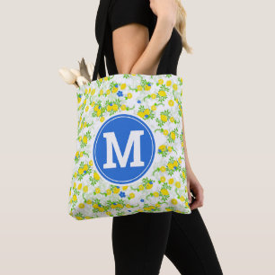 Bolso De Tela Patrón floral de limones azules y amarillos verani