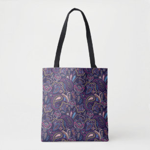Bolso De Tela Patrón floral de paisley étnico vintage azul retro
