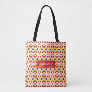 Bolso De Tela Patrón floral de píxeles geométricos en rojo naran