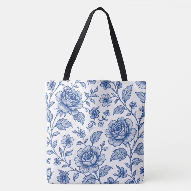 Bolso De Tela Patrón floral de Rosas azules reales (Anverso)