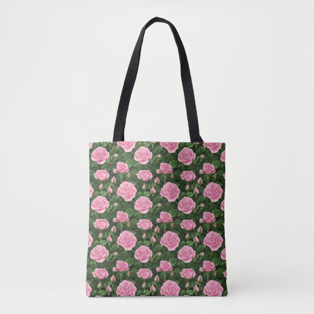 Bolso De Tela Patrón floral de rosas rosadas (Anverso)