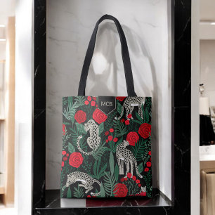 Bolso De Tela Patrón floral de selva leopardo exótico con monogr