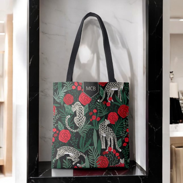 Bolso De Tela Patrón floral de selva leopardo exótico con monogr (Subido por el creador)