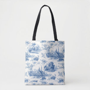 Bolso De Tela Patrón floral de toile de Jouy azul vintage francé