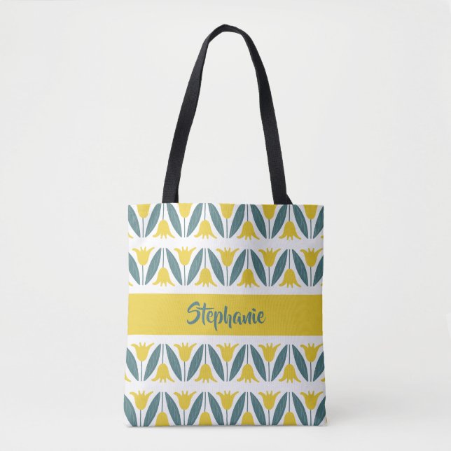 Bolso De Tela Patrón floral de tulipanes amarillos mostaza (Anverso)