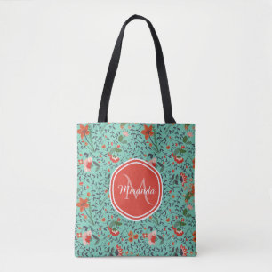 Bolso De Tela Patrón floral en azul turquesa y naranja y monogra